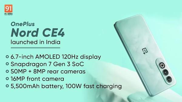  OnePlus Nord CE4 Launches in India: Features Snapdragon 7 Gen 3, 5500mAh Battery, and 100W Fast Charging